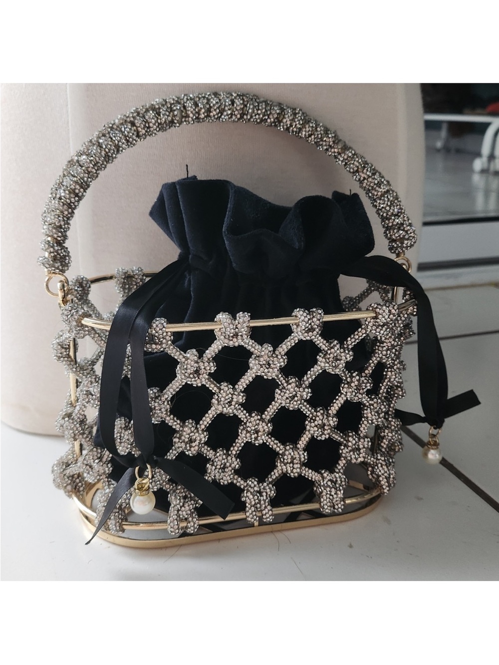 Crystal Mesh Gold Evening Wristlet with Black Drawstring Pouch